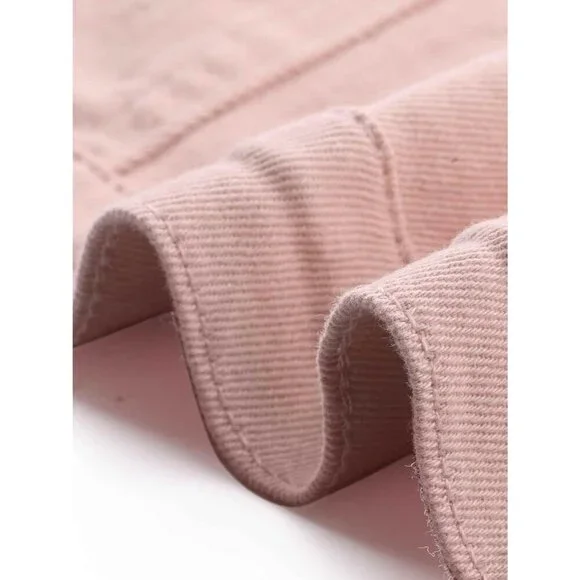 Women's Casual Denim Jacket Classic Stand Collar Long Sleeve Jean Jacket Pink - Picture 5 of 5